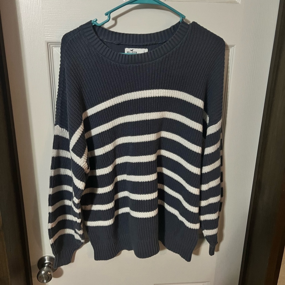 Hollister Blue and White Crewneck Sweater Nautical Stripes